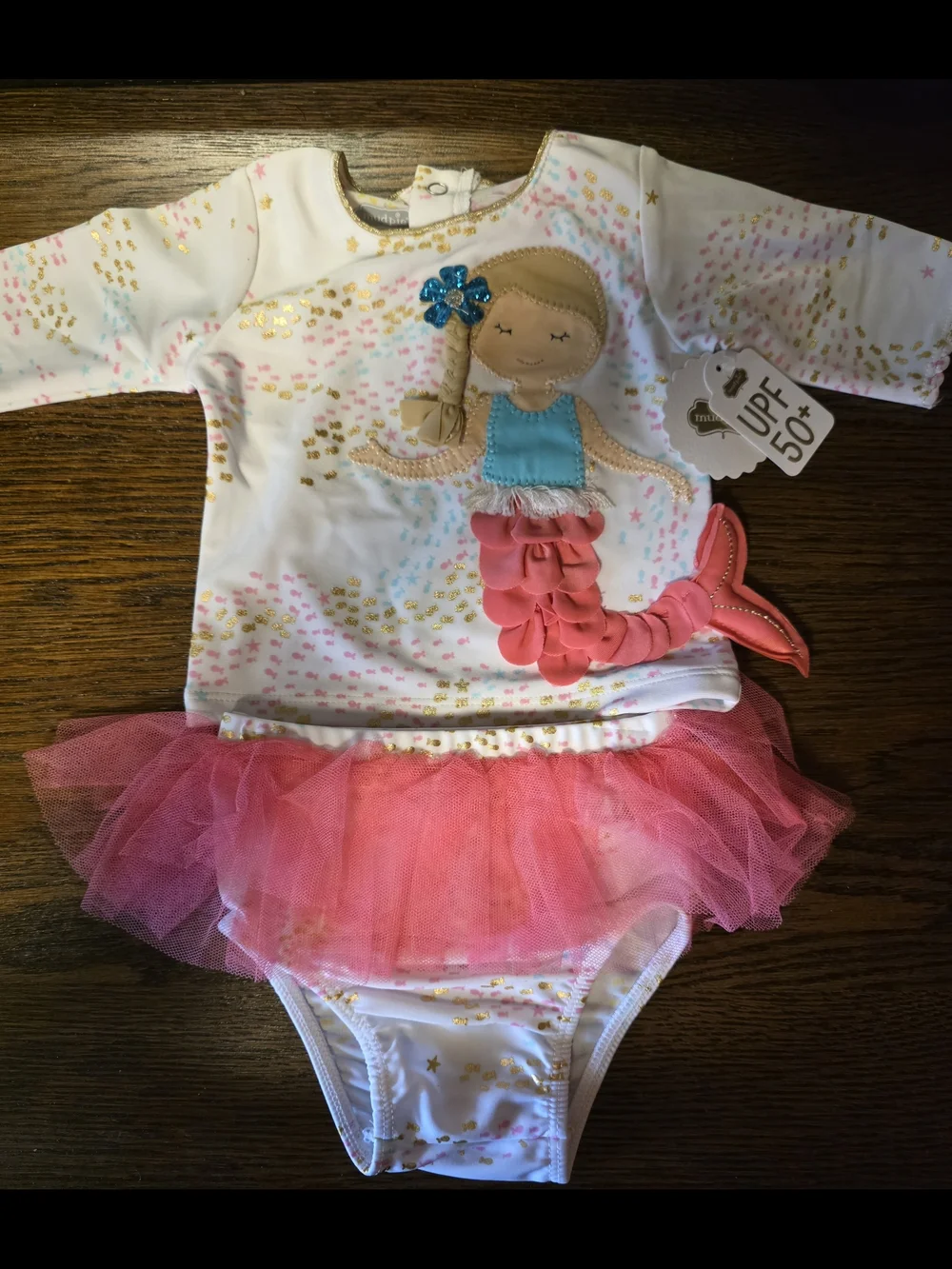 MUD PIE Girls White Mermaid Tutu Swimsuit Romper with Pink Tulle 3-6m